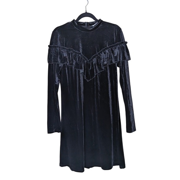 Gestuz Dresses & Skirts - Gestuz Black Velvet Ruffle Long Sleeve Dress Sz M Whimsigoth Goth Witchy 90s Y2K